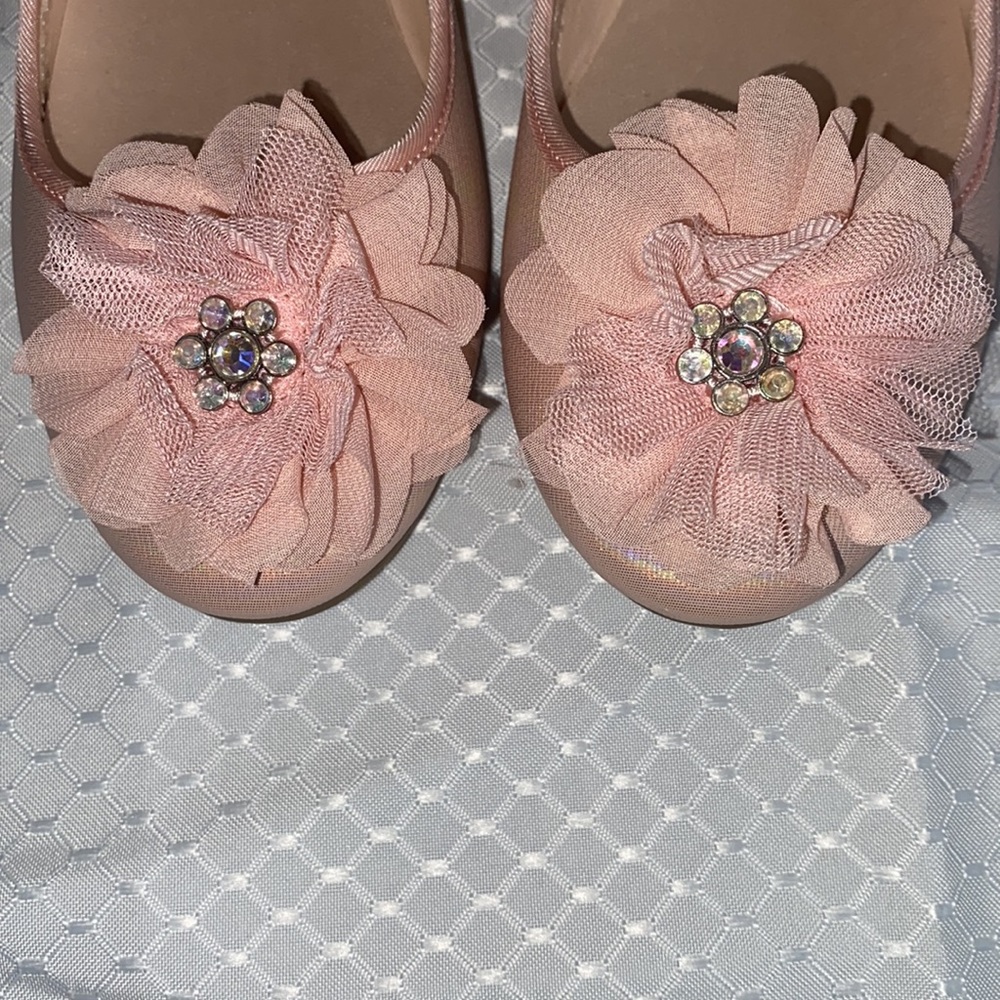 Worn once inside! Pink w/ toile and diamond accents in the flowers, rubber soles - Picture 3 of 7